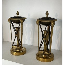 Pair of Perfume Burners in Gilt and Patinated Bronze in the Empire Style, in the Style of Claude Galle, 19th Century