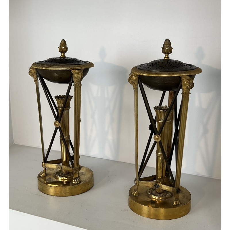 Pair of Perfume Burners in Gilt and Patinated Bronze in the Empire Style, in the Style of Claude Galle, 19th Century