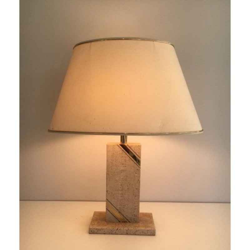 Travertine Table Lamp with Brass Inlay, French Work, circa 1970