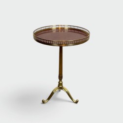 Brass Guéridon with Central Shaft and Curved Tripod Base, Wooden Top with Openwork Gallery, Circa 1960