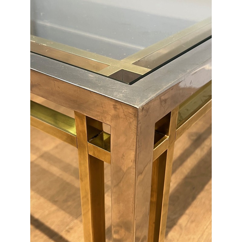 Bicolour Rectangular Coffee Table in Chrome and Brass with a Glass Top, Willy Rizzo, French Work, 1970s.