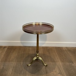Brass Guéridon with Central Shaft and Curved Tripod Base, Wooden Top with Openwork Gallery, Circa 1960