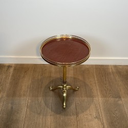Brass Guéridon with Central Shaft and Curved Tripod Base, Wooden Top with Openwork Gallery, Circa 1960