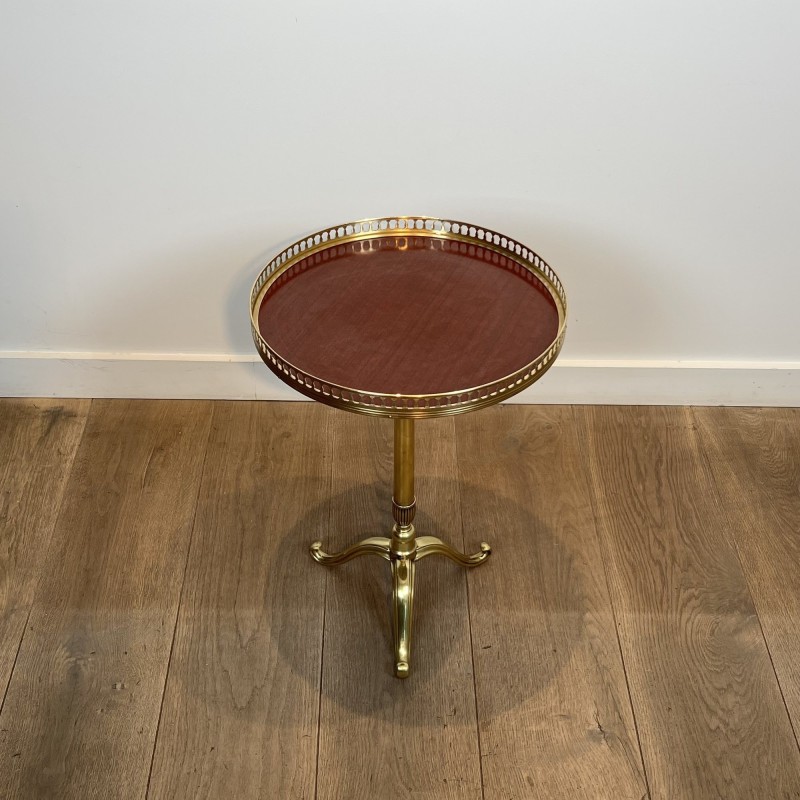 Brass Guéridon with Central Shaft and Curved Tripod Base, Wooden Top with Openwork Gallery, Circa 1960