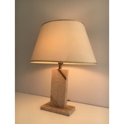 Travertine Table Lamp with Brass Inlay, French Work, circa 1970