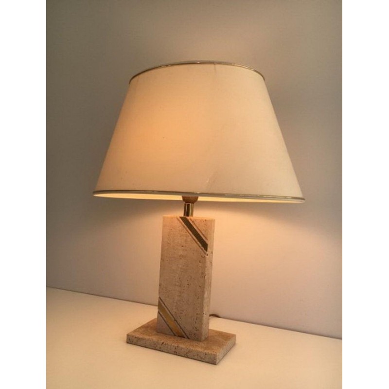 Travertine Table Lamp with Brass Inlay, French Work, circa 1970