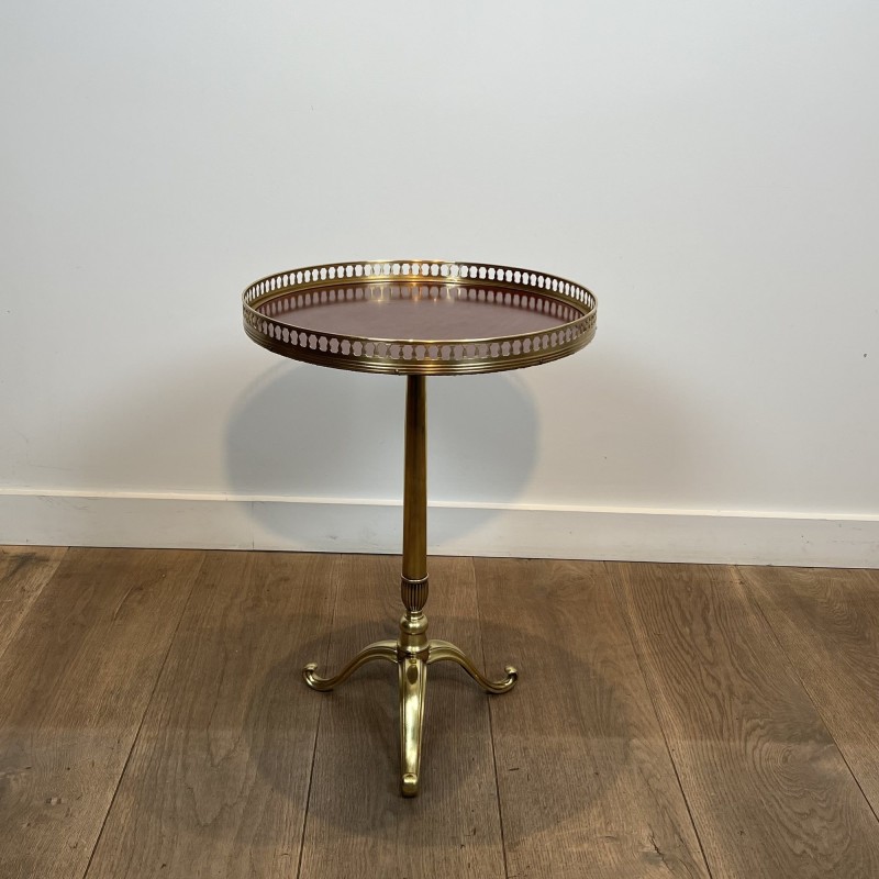 Brass Guéridon with Central Shaft and Curved Tripod Base, Wooden Top with Openwork Gallery, Circa 1960