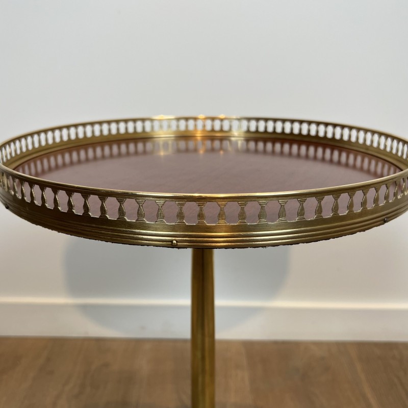 Brass Guéridon with Central Shaft and Curved Tripod Base, Wooden Top with Openwork Gallery, Circa 1960
