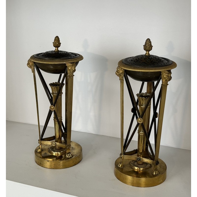 Pair of Perfume Burners in Gilt and Patinated Bronze in the Empire Style, in the Style of Claude Galle, 19th Century