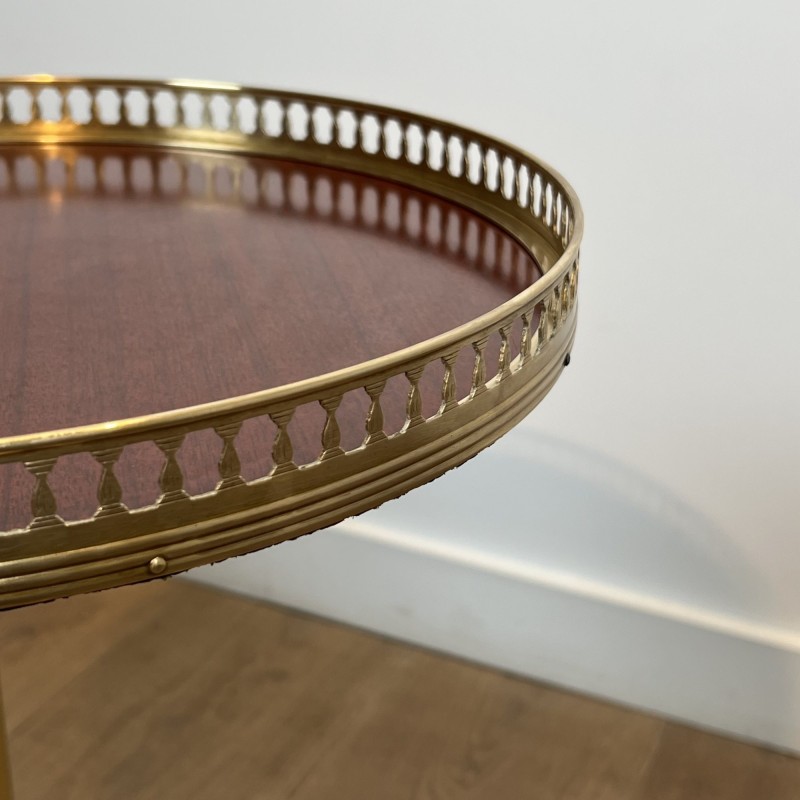 Brass Guéridon with Central Shaft and Curved Tripod Base, Wooden Top with Openwork Gallery, Circa 1960