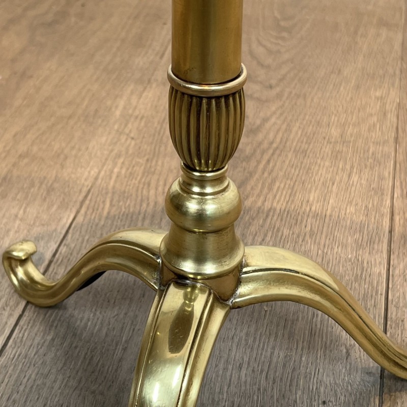 Brass Guéridon with Central Shaft and Curved Tripod Base, Wooden Top with Openwork Gallery, Circa 1960