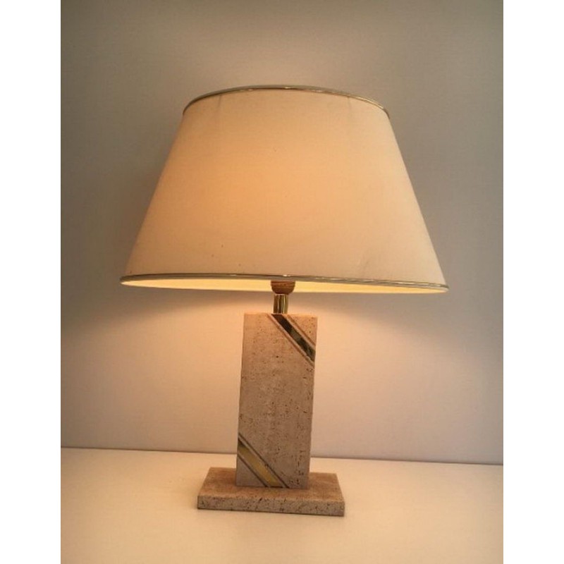 Travertine Table Lamp with Brass Inlay, French Work, circa 1970