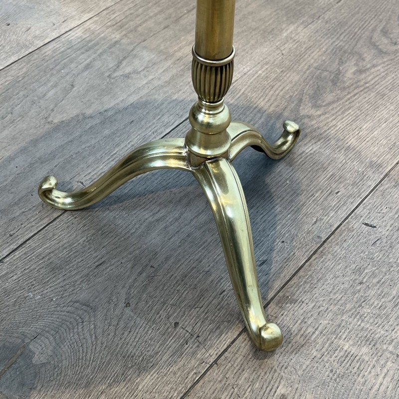 Brass Guéridon with Central Shaft and Curved Tripod Base, Wooden Top with Openwork Gallery, Circa 1960