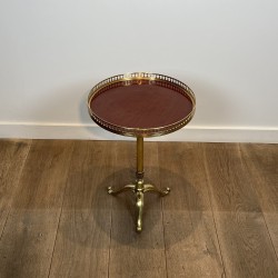 Brass Guéridon with Central Shaft and Curved Tripod Base, Wooden Top with Openwork Gallery, Circa 1960