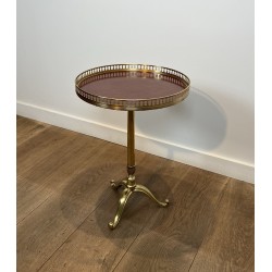 Brass Guéridon with Central Shaft and Curved Tripod Base, Wooden Top with Openwork Gallery, Circa 1960