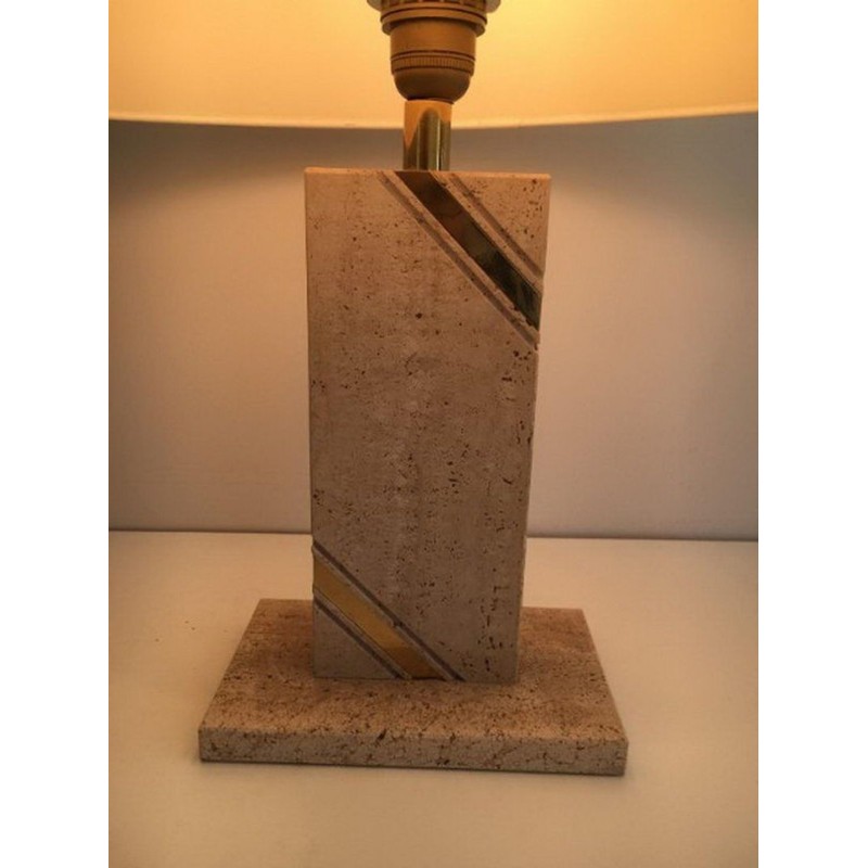 Travertine Table Lamp with Brass Inlay, French Work, circa 1970