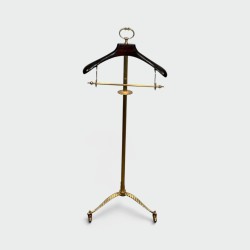 Neoclassical Style Valet Stand in Brass and Wood, Tripod Base on Casters, French Work, 1940s