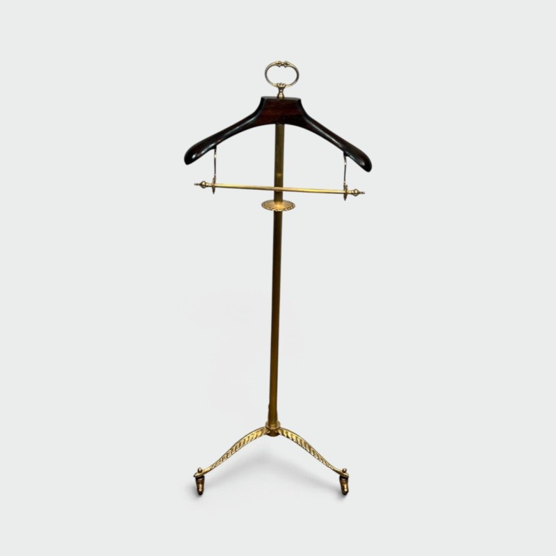 Neoclassical Style Valet Stand in Brass and Wood, Tripod Base on Casters, French Work, 1940s