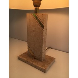 Travertine Table Lamp with Brass Inlay, French Work, circa 1970