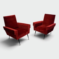 Pair of Red Velvet Armchairs with Geometric Armrests, Tapered Black Metal and Brass Base, Circa 1950