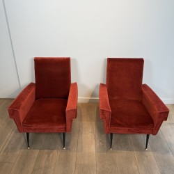 Pair of Red Velvet Armchairs with Geometric Armrests, Tapered Black Metal and Brass Base, Circa 1950
