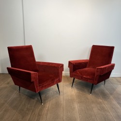 Pair of Red Velvet Armchairs with Geometric Armrests, Tapered Black Metal and Brass Base, Circa 1950
