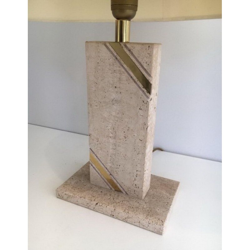 Travertine Table Lamp with Brass Inlay, French Work, circa 1970