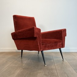 Pair of Red Velvet Armchairs with Geometric Armrests, Tapered Black Metal and Brass Base, Circa 1950