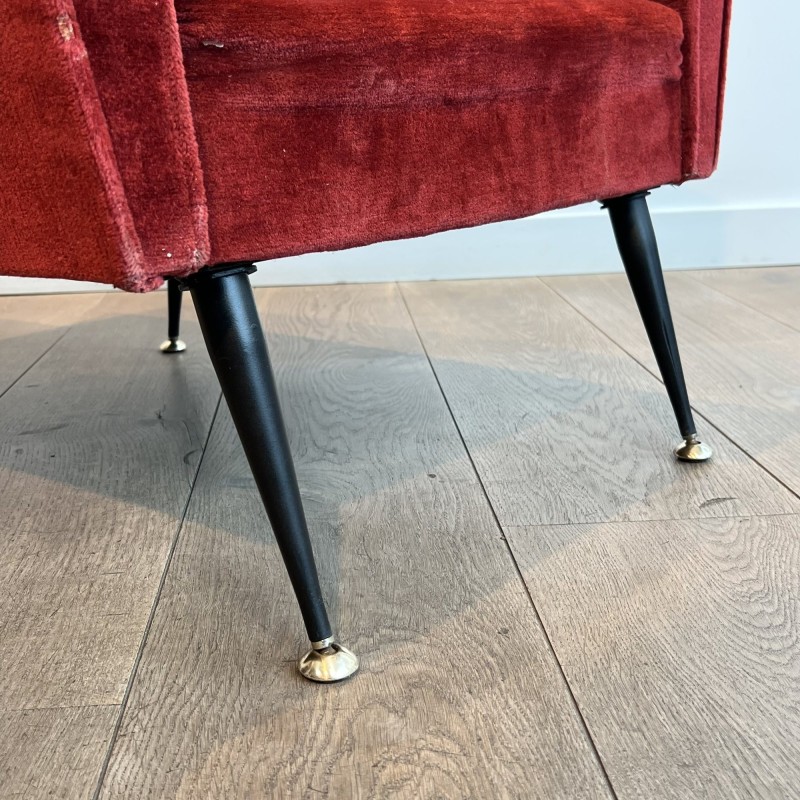 Pair of Red Velvet Armchairs with Geometric Armrests, Tapered Black Metal and Brass Base, Circa 1950