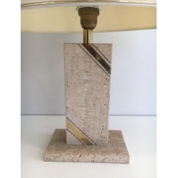 Travertine Table Lamp with Brass Inlay, French Work, circa 1970