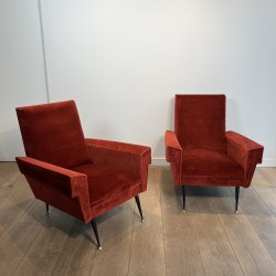 Pair of Red Velvet Armchairs with Geometric Armrests, Tapered Black Metal and Brass Base, Circa 1950
