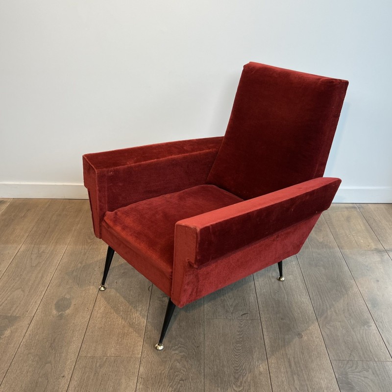 Pair of Red Velvet Armchairs with Geometric Armrests, Tapered Black Metal and Brass Base, Circa 1950