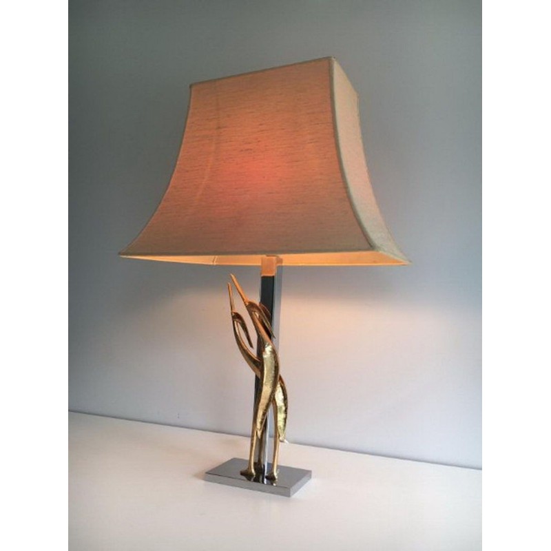 Sculptural Bronze and Chrome Table Lamp with Birds, circa 1970