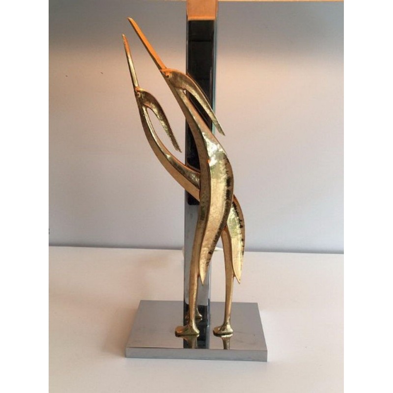 Sculptural Bronze and Chrome Table Lamp with Birds, circa 1970