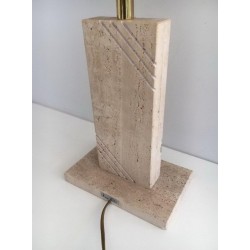 Travertine Table Lamp with Brass Inlay, French Work, circa 1970