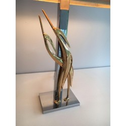 Sculptural Bronze and Chrome Table Lamp with Birds, circa 1970