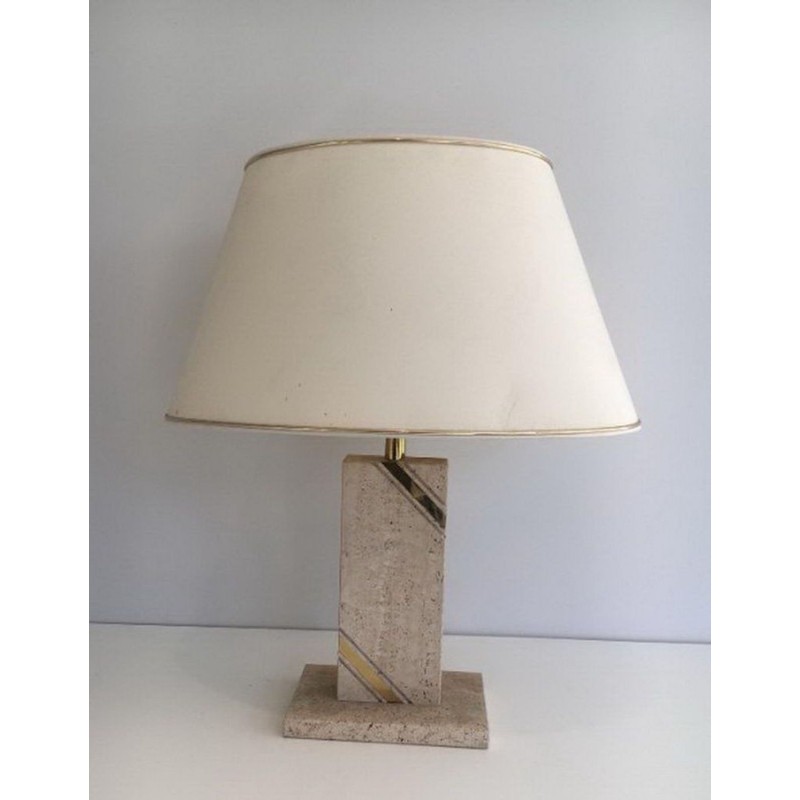 Travertine Table Lamp with Brass Inlay, French Work, circa 1970