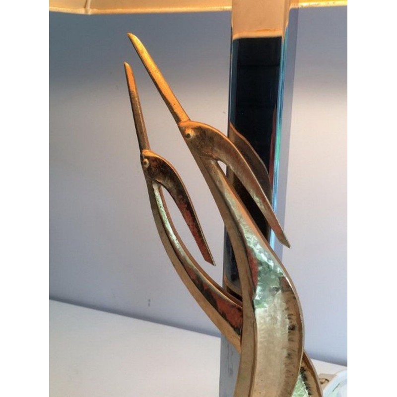 Sculptural Bronze and Chrome Table Lamp with Birds, circa 1970