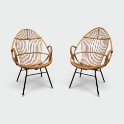 Pair of Basket Armchairs in Rattan with Black Lacquered Metal Base, 1960s Work