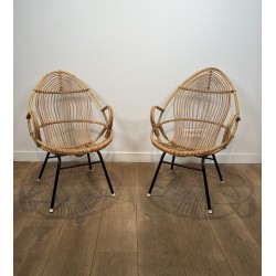Pair of Basket Armchairs in Rattan with Black Lacquered Metal Base, 1960s Work