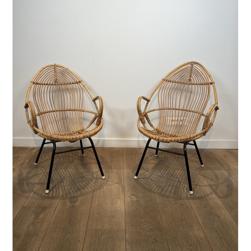 Pair of Basket Armchairs in Rattan with Black Lacquered Metal Base, 1960s Work