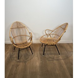 Pair of Basket Armchairs in Rattan with Black Lacquered Metal Base, 1960s Work