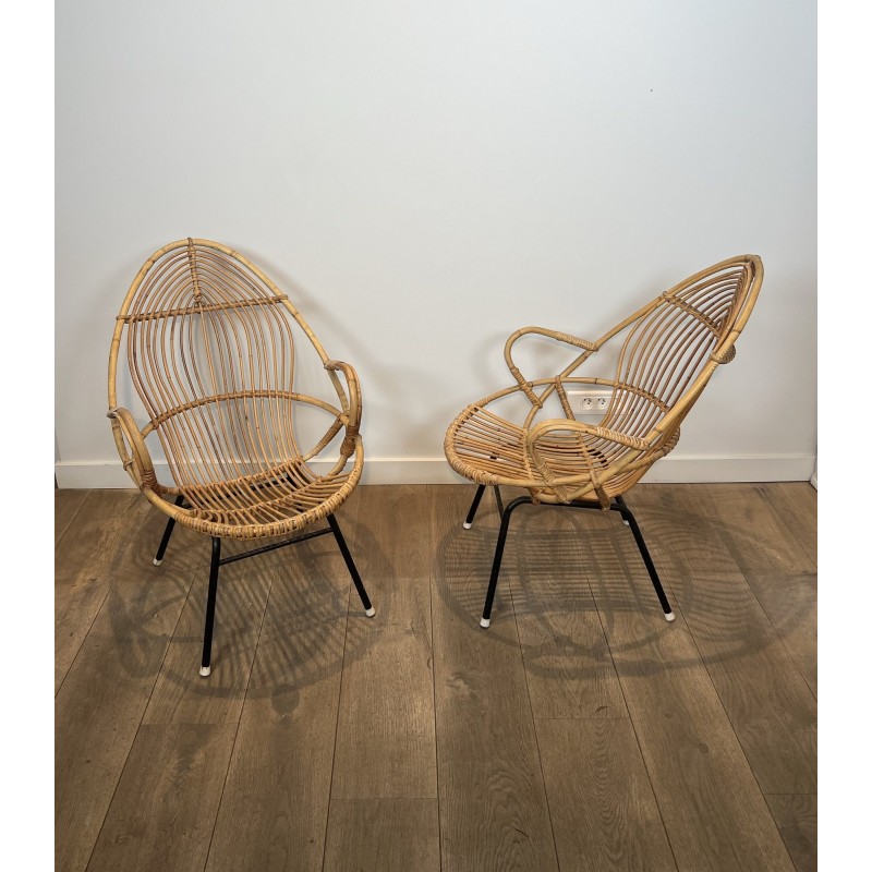 Pair of Basket Armchairs in Rattan with Black Lacquered Metal Base, 1960s Work