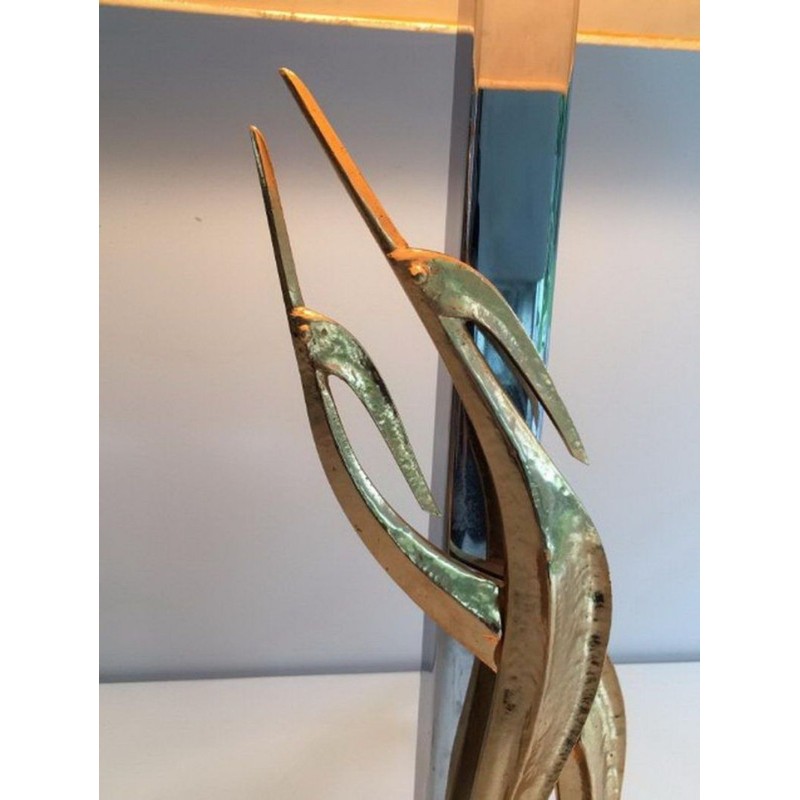 Sculptural Bronze and Chrome Table Lamp with Birds, circa 1970