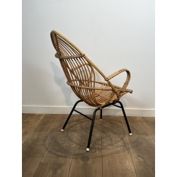 Pair of Basket Armchairs in Rattan with Black Lacquered Metal Base, 1960s Work