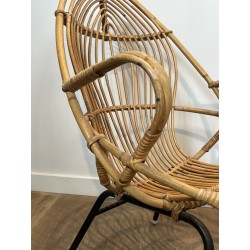Pair of Basket Armchairs in Rattan with Black Lacquered Metal Base, 1960s Work