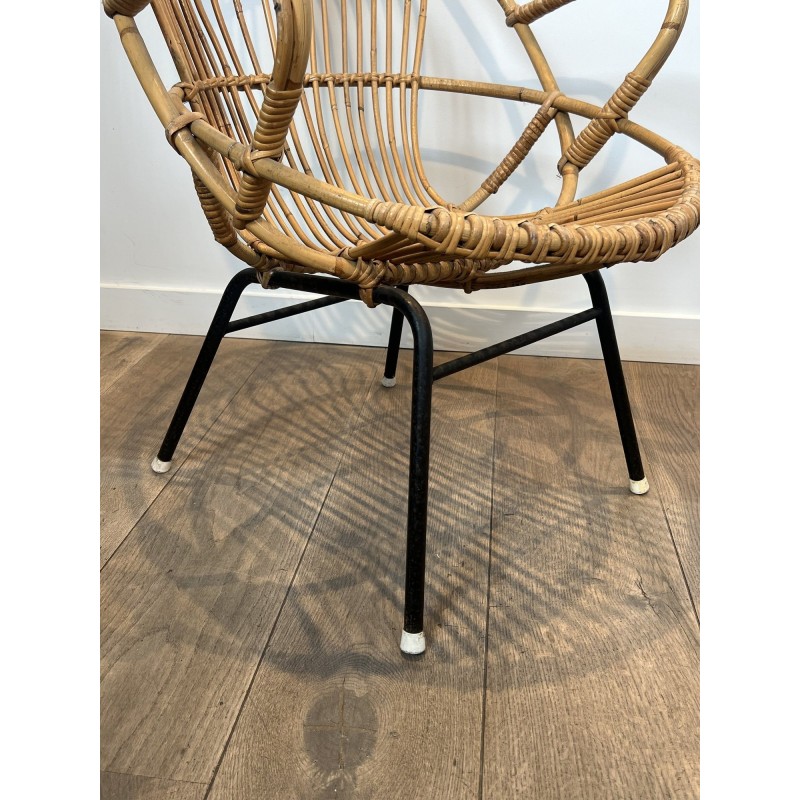Pair of Basket Armchairs in Rattan with Black Lacquered Metal Base, 1960s Work
