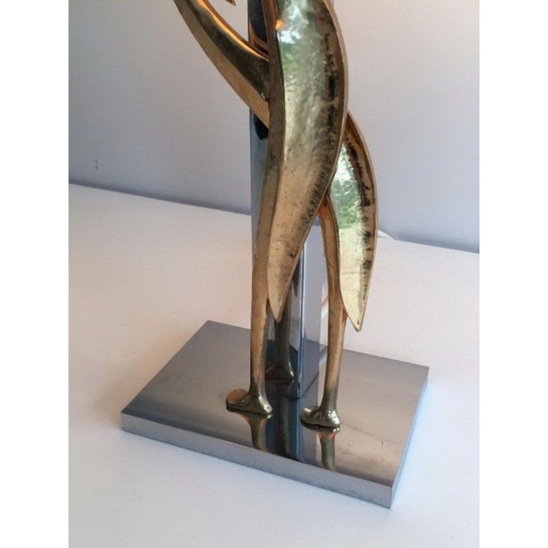 Sculptural Bronze and Chrome Table Lamp with Birds, circa 1970