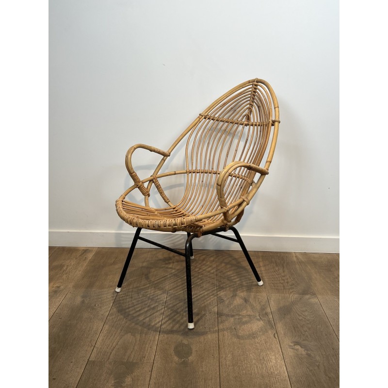 Pair of Basket Armchairs in Rattan with Black Lacquered Metal Base, 1960s Work