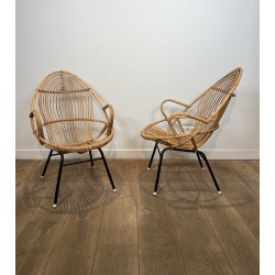 Pair of Basket Armchairs in Rattan with Black Lacquered Metal Base, 1960s Work